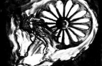 Logo-ul original Baro Drom: o siluetă stilizată și roata cu spițe, în alb-negru